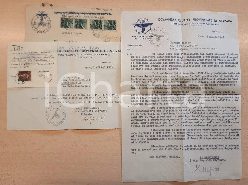 Manoscritto, lettera originale 1946 NOVARA  AERO CLUB  Ripresa delle attività dopo la guerra Lettera 1
