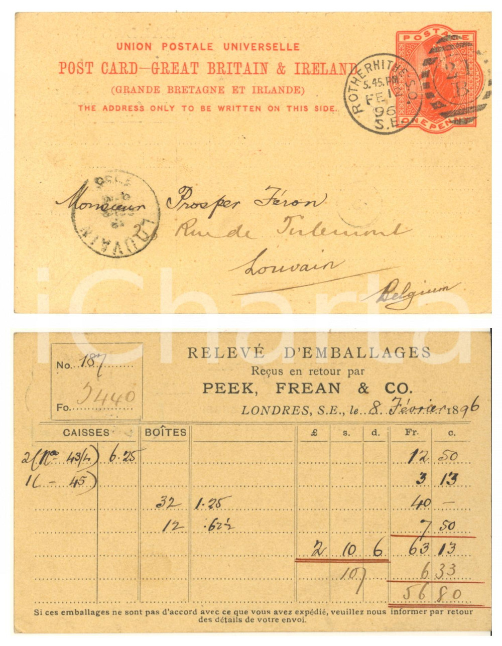 Cartolina originale da collezione 1896 LONDON  PEEK, FREAN & Co  Relevé d emballages Great Britain & Ireland 1