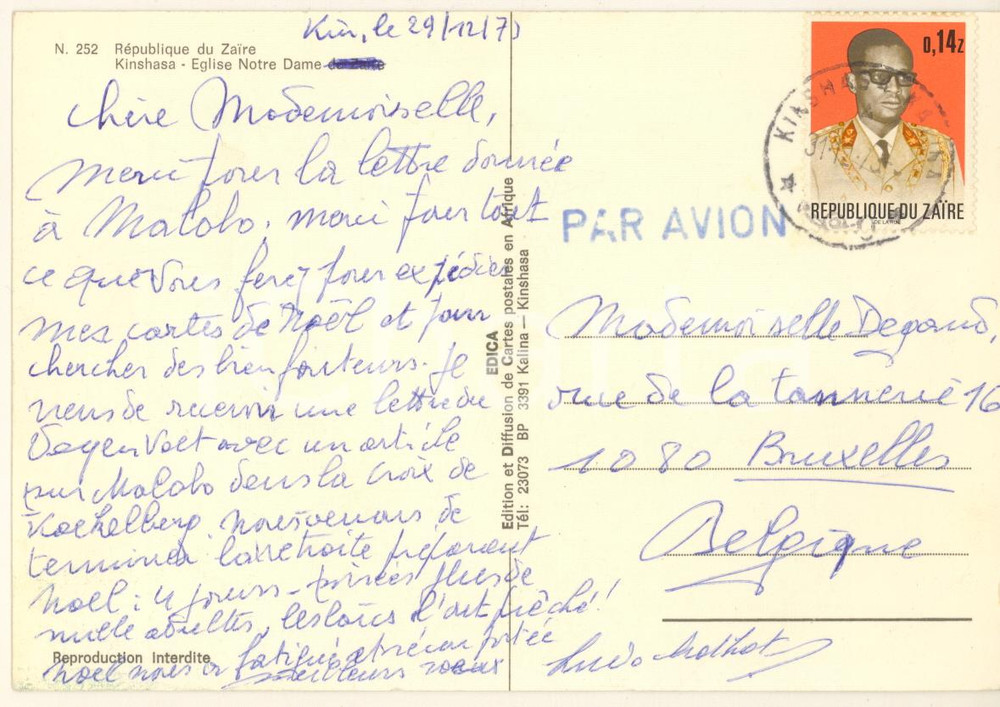 Autografo originale 1970 KINSHASA CONGO Abbé Ludo MATHOT tra Natale e benefattori Autografo 1