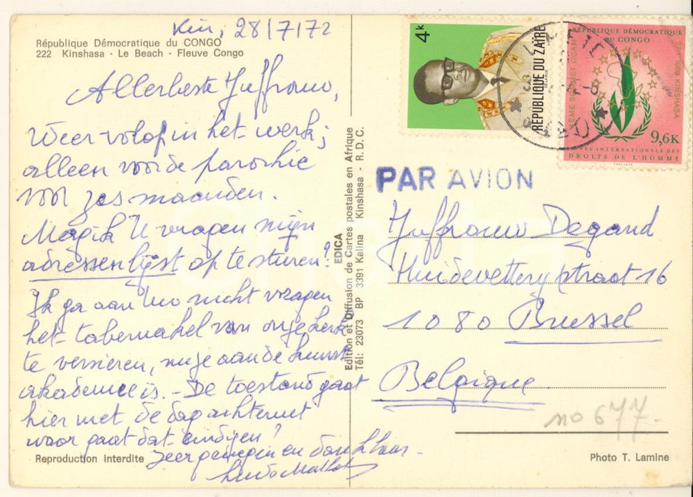 Autografo originale 1972 KINSHASA CONGO Abbé Ludo MATHOT decora tabernacolo Autografo 1