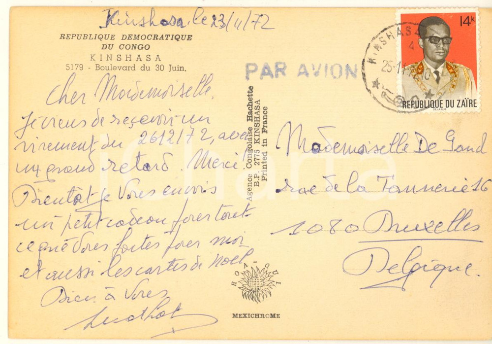 Autografo originale 1972 KINSHASA CONGO Abbé Ludo MATHOT ringrazia per una donazione Autografo 1