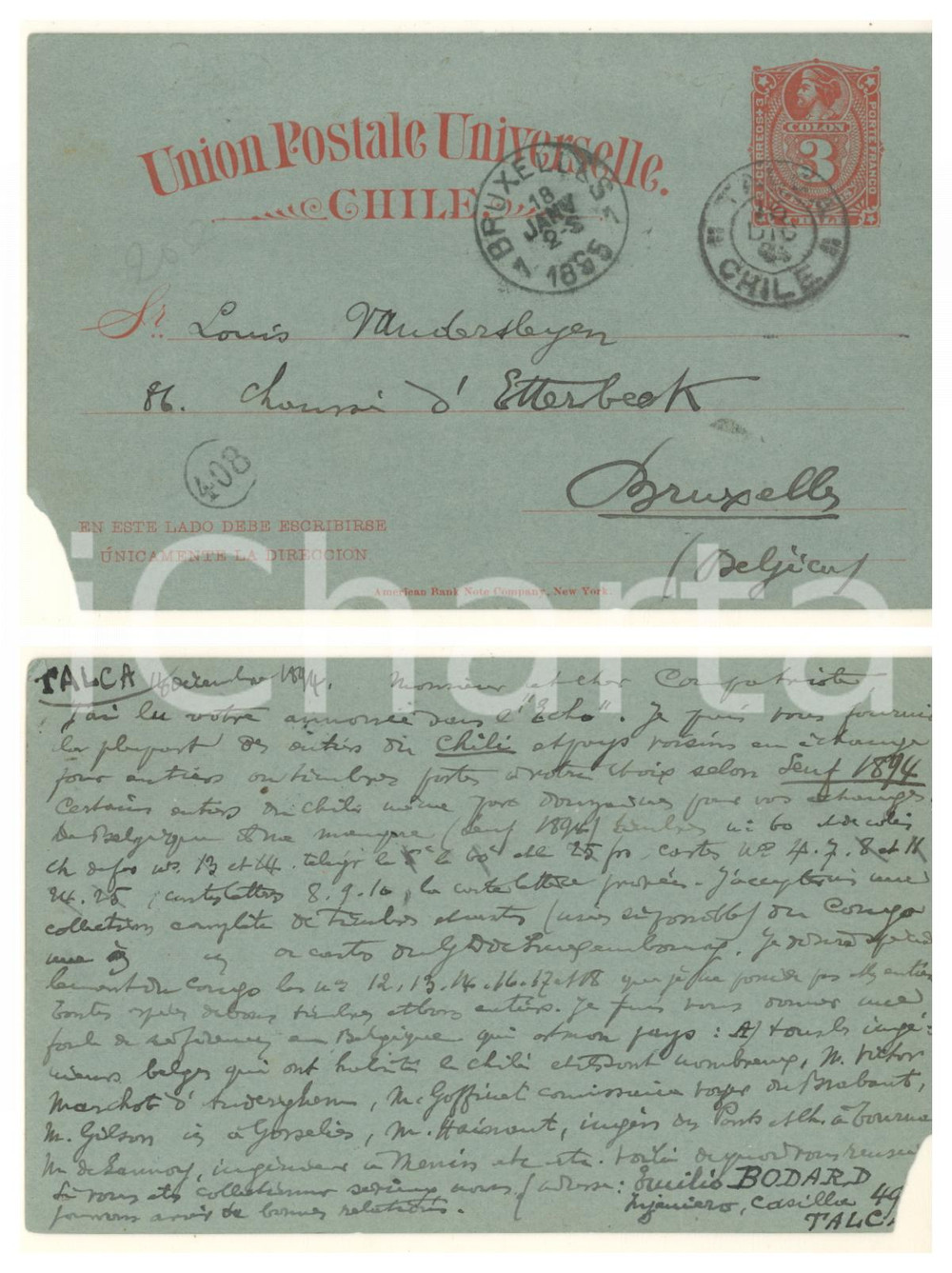 Autografo originale 1894 TALCA CHILE Emilio BODARD ingegnere  Cartolina collaborazione Autografo 1