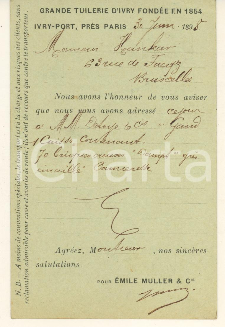 Cartolina originale da collezione 1898 FRANCE Grande Tuilerie d IVRY  EMILE MULLER & Cie  Carte postale 1