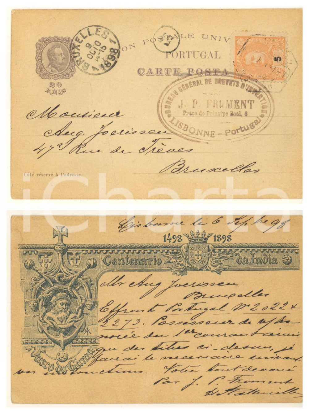 Cartolina originale da collezione 1898 LISBONA Centenario da India  J. P. FRUMENT brevets ad Auguste JOERISSEN 1