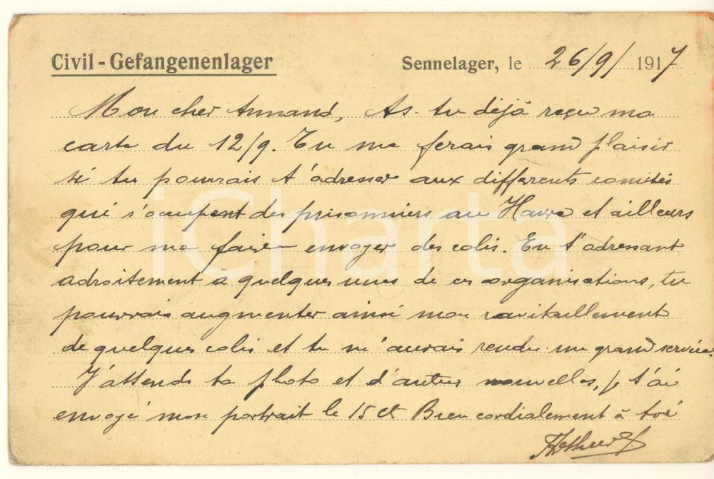 Cartolina originale da collezione 1917 WW1 SENNELAGER  POW Camp  CivilGefangenlager Postcard Arthur Chabot 1