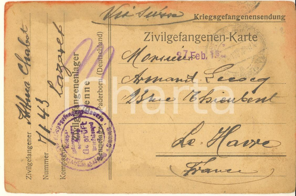 Cartolina originale da collezione 1918 WW1 SENNELAGER  POW Camp  CivilGefangenlager Postcard Arthur Chabot 1