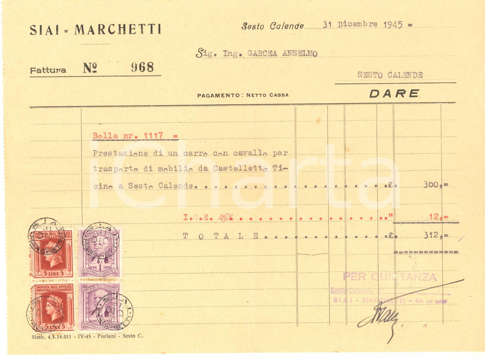 Documento originale, autentico 1945 SESTO CALENDE  SIAIMARCHETTI Ricevuta per trasporto con carro e cavallo 1