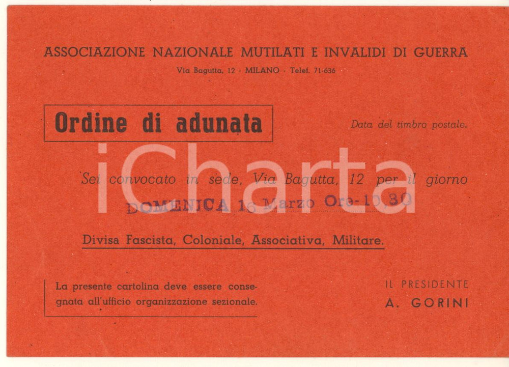 Documento originale, autentico 1940 ca MILANO Associazione Mutilati Invalidi  Ordine adunata  Divisa fascista 1