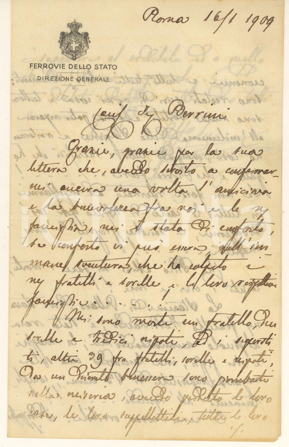 Manoscritto, lettera originale 1909 ROMA  Terremoto MESSINA e REGGIO  Strage stazione di PELLARO Lettera 1
