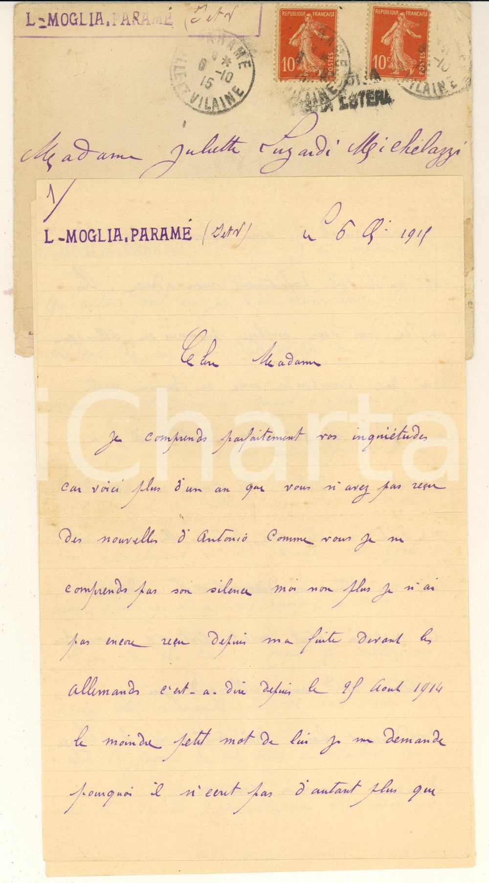 Manoscritto, lettera originale 1915 WW1 PARAME  STMALO Lettera L. MOGLIA  Marito che non torna dalla guerra 1