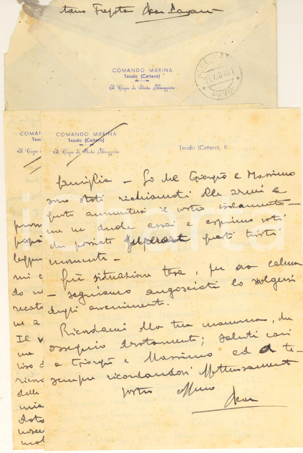 Autografo originale 1943 WW2 Comando Marina TEODO CATTARO Lettera cap. Oscar PAGANI Autografo 1