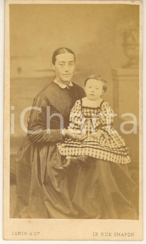 Fotografia d epoca originale 1873 PARIS Madre e figlia in abito a quadretti  Ritratto Foto JAMIN & Cie CDV 1