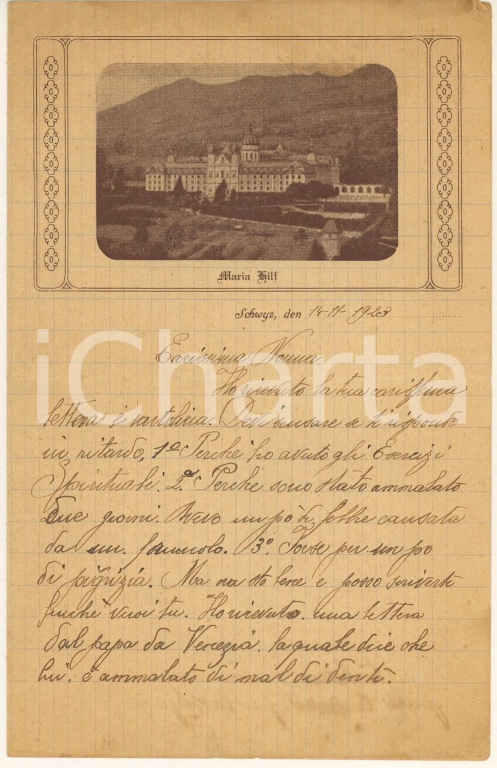 Manoscritto, lettera originale 1923 SCHWYZ /SVITTO Kollegium Maria Hilf  Lettera di un giovane alunno italiano 1
