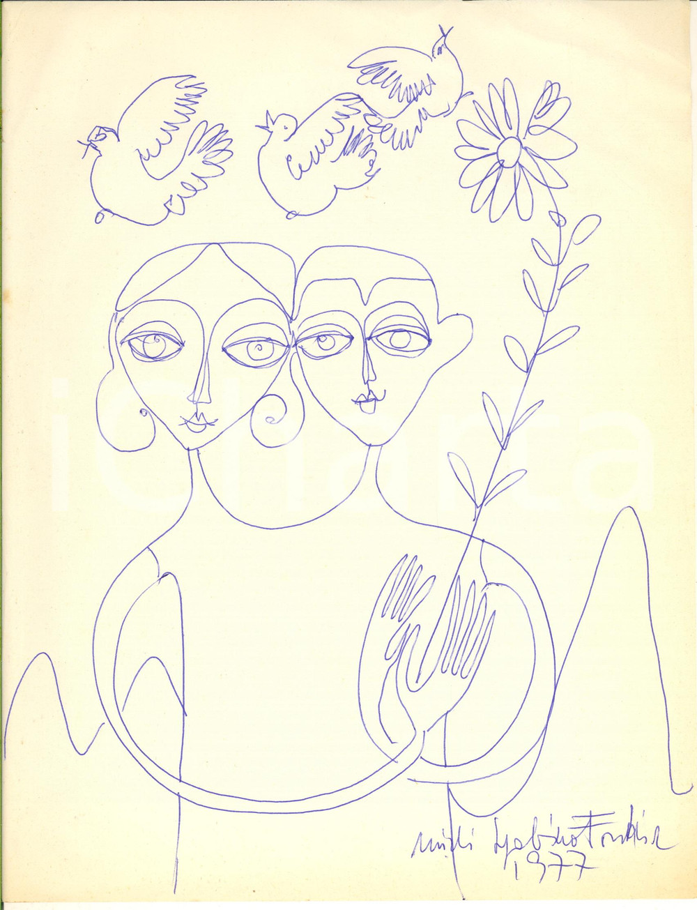 Stampa, bozzetto originale 1977 ARTE Michi SGOBINO FORCHIR  Coppia con colombe Disegno originale FIRMATO 1