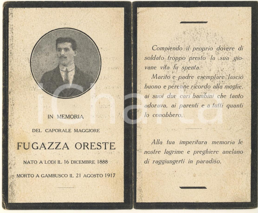 Oggetto da collezione cartaceo 1917 WW1 LODI In memoria di Oreste FUGAZZA caporal maggiore  Santino 1