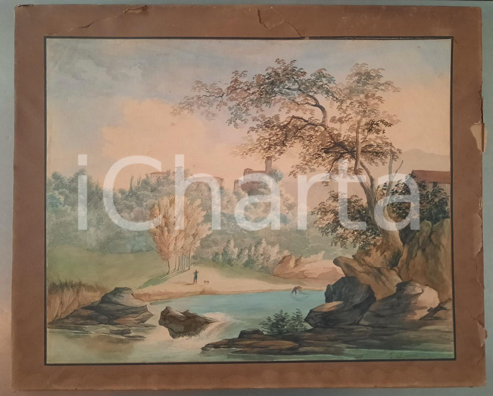 Opera d’arte autentica 1860 ca ARTE Eugenio BALBIANO DI CORCAVAGNO Paesaggio Acquerello FIRMATO 48x39 1