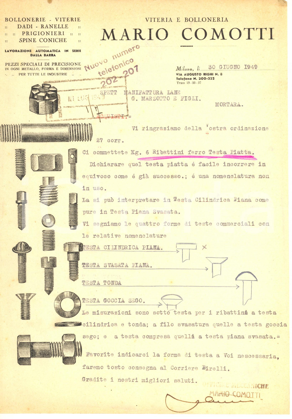 Documento originale, autentico 1949 MILANO Via Righi  Mario COMOTTI Viteria Lettera su carta ILLUSTRATA 1