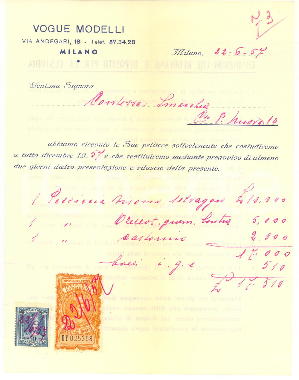 Documento originale, autentico 1957 MILANO Via Andegari 18  VOGUE MODELLI  Ricevuta custodia pellicce 1
