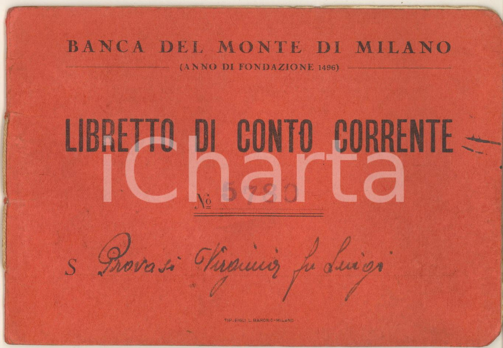 Oggetto da collezione cartaceo 1946 BANCA DEL MONTE DI MILANO  Libretto deposito in conto corrente nominativo 1