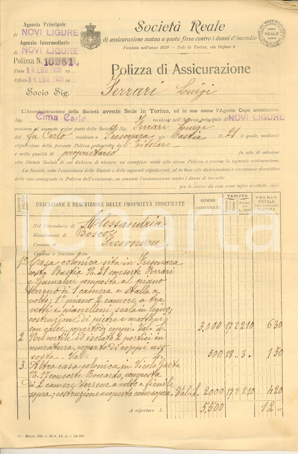 Documento originale, autentico 1920 FRESONARA AL Società Reale Mutua Assicurazioni  Polizza case coloniche 1