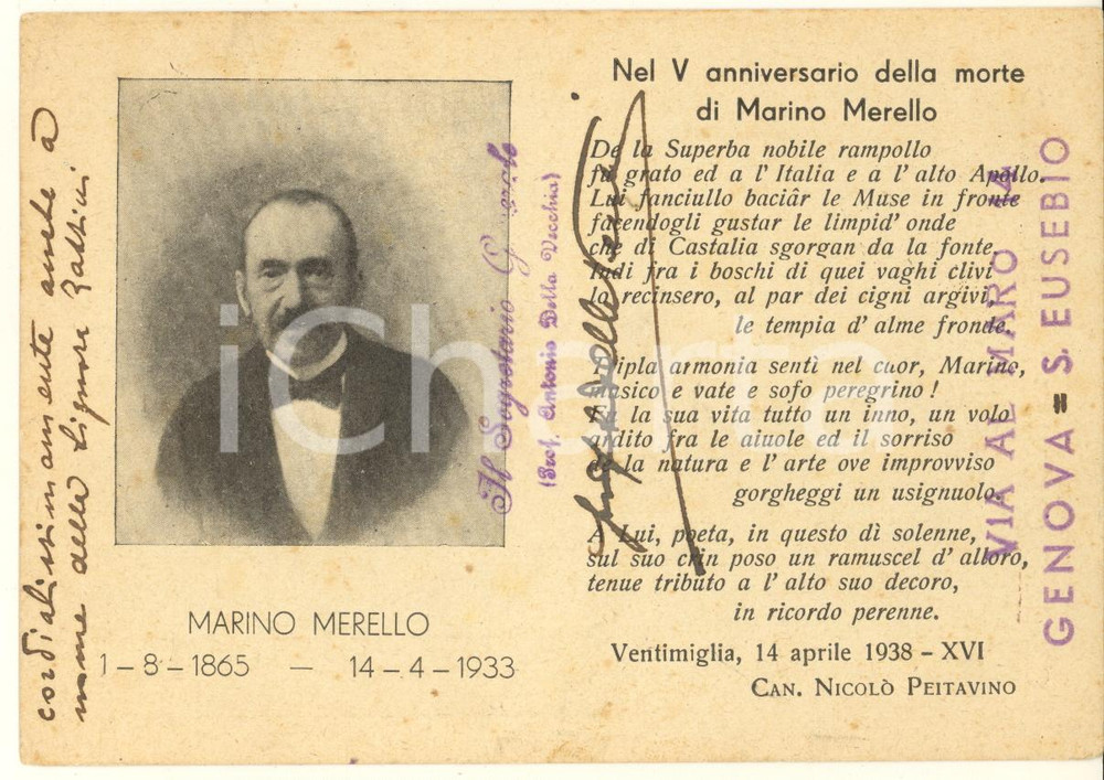 Autografo originale 1940 GENOVA Anniversario morte Marino MERELLO Cartolina Antonio DELLA VECCHIA 1