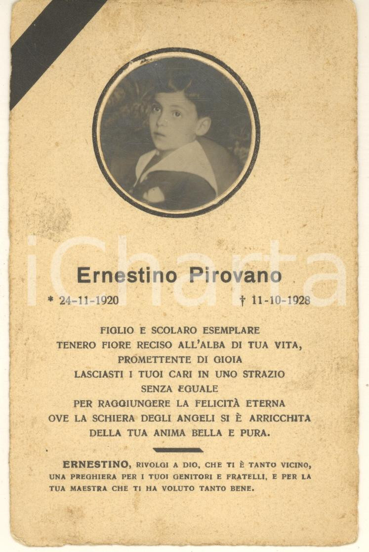 Oggetto da collezione cartaceo 1928 In memoria di Ernestino PIROVANO scolaro  Santino lutto 1