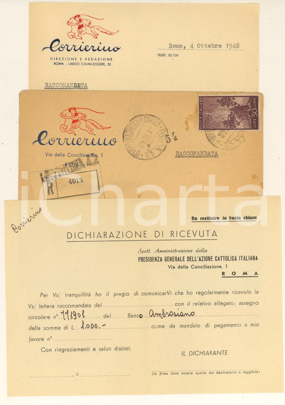 Manoscritto, lettera originale 1948 ROMA  Rivista CORRIERINO  Lettera e busta intestate 1
