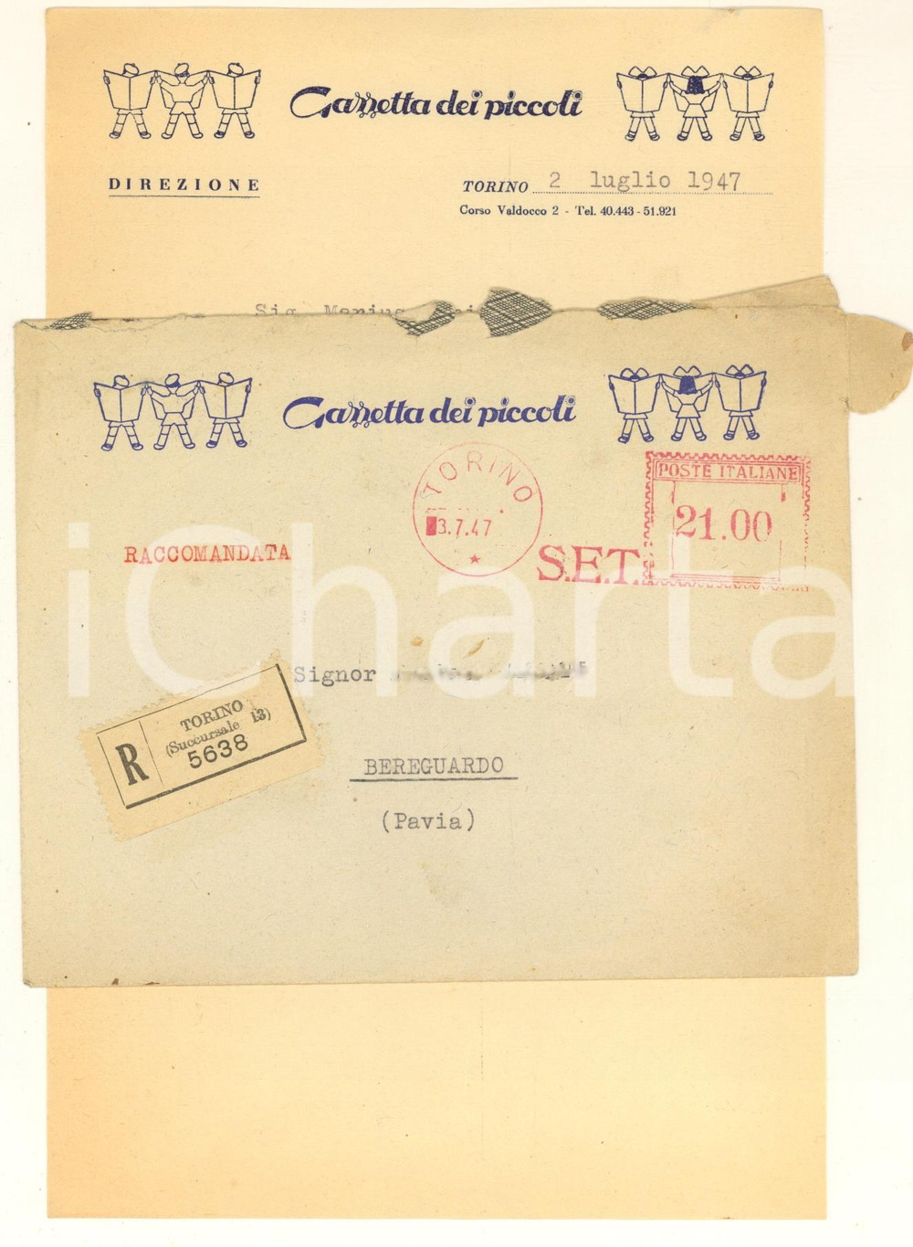 Manoscritto, lettera originale 1947 TORINO  Rivista GAZZETTA DEI PICCOLI  Lettera e busta intestate 1