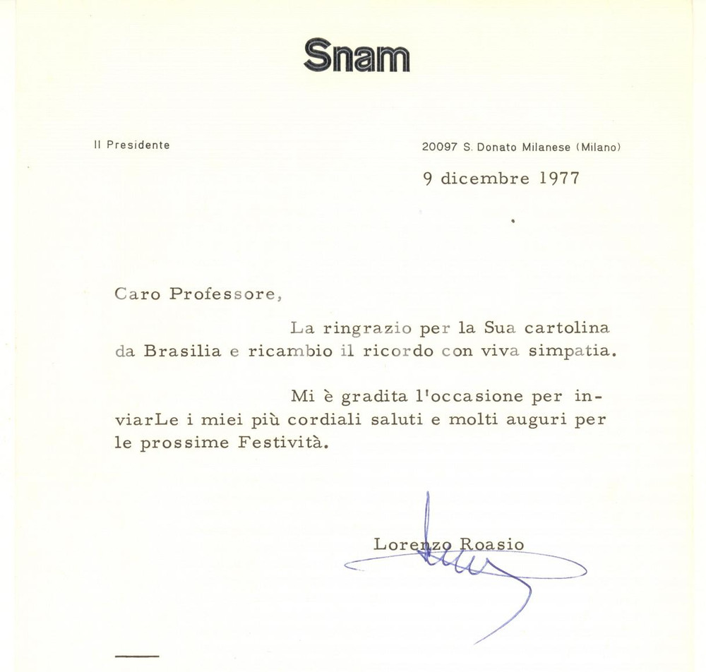 Autografo originale 1977 SAN DONATO MILANESE  SNAM  Lettera Lorenzo ROASIO presidente Autografo 1