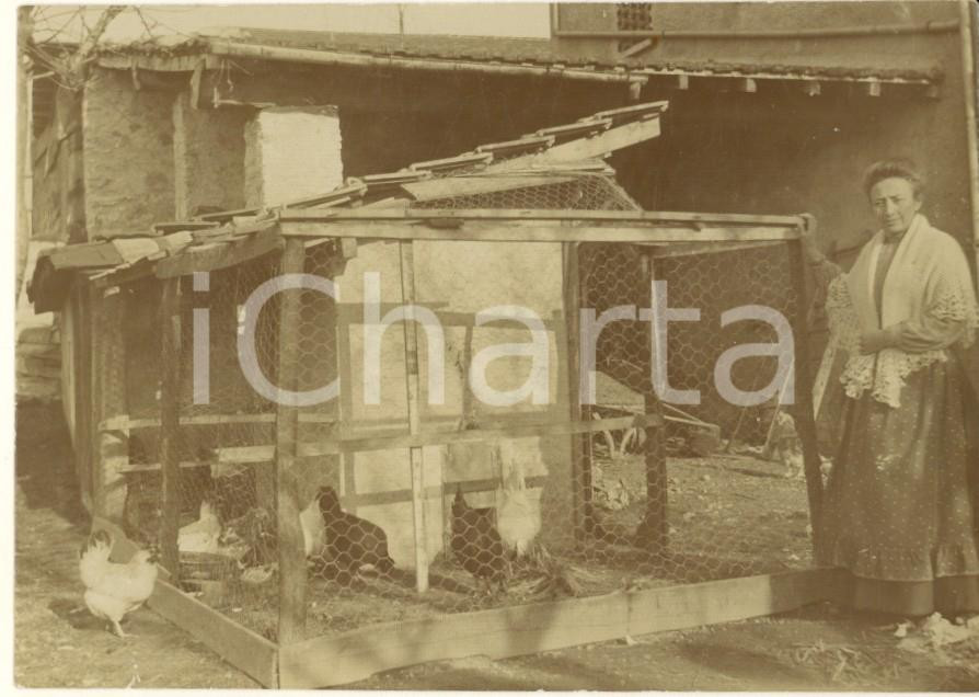 Fotografia d epoca originale Estate 1908 CHIASSO SVIZZERA Donna al pollaio  Foto COSTUME 12x9 cm 1