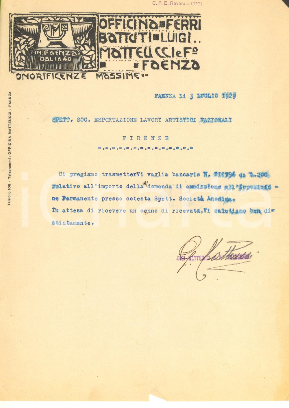 Documento originale, autentico 1929 FAENZA Officina ferri battuti Luigi MATTEUCCI & Figlio Lettera commerciale 1