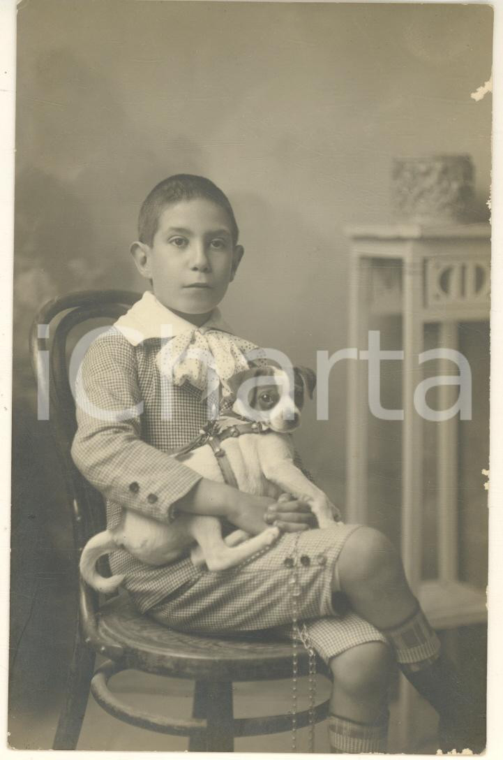 Fotografia d epoca originale 1915 ca MILANO ? Carlo FAZI bambino  Ritratto con cucciolo di cane Foto 9x14 1