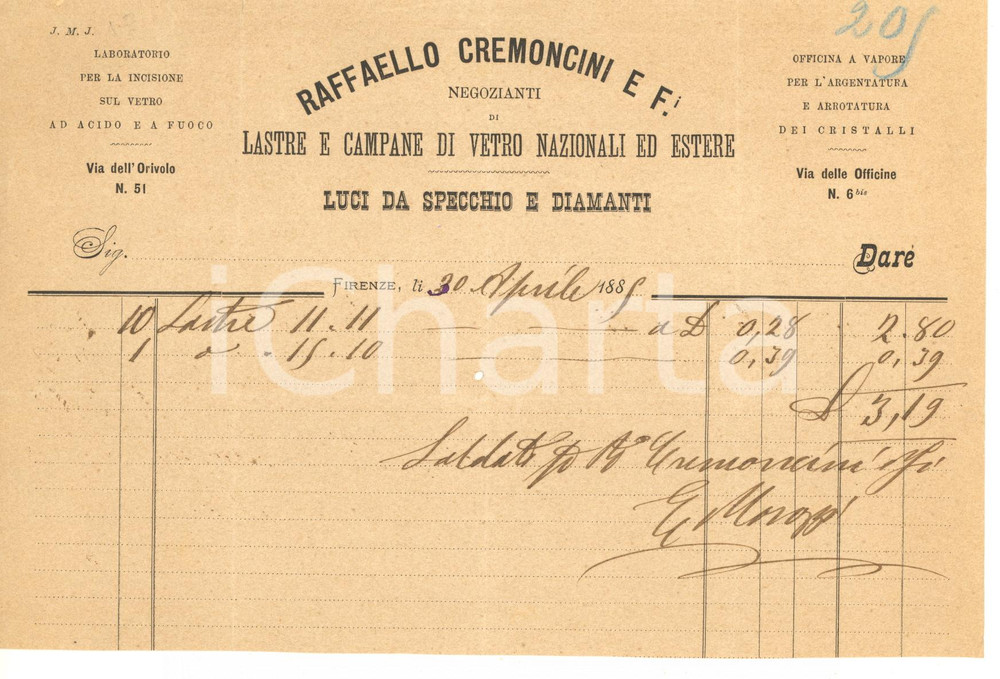 Documento originale, autentico 1885 FIRENZE Via delle Officine  Raffaello CREMONCINI lastre di vetro Fattura 1
