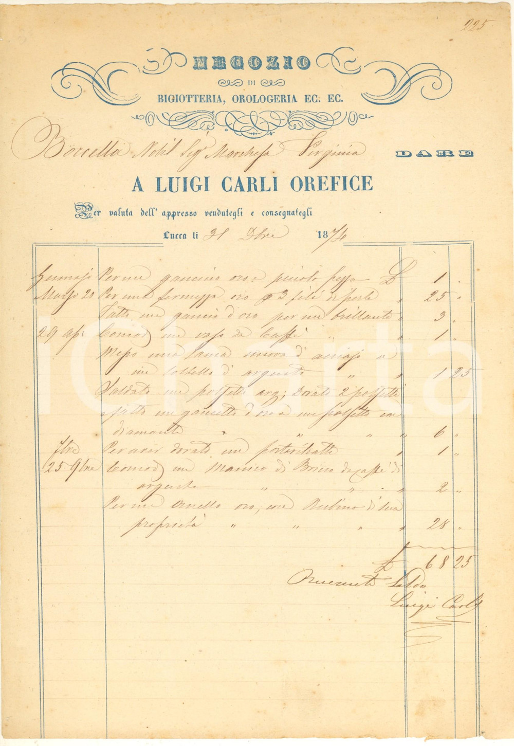 Documento originale, autentico 1874 LUCCA Luigi CARLI orefice  Negozio bigiotteria Fattura intestata 1