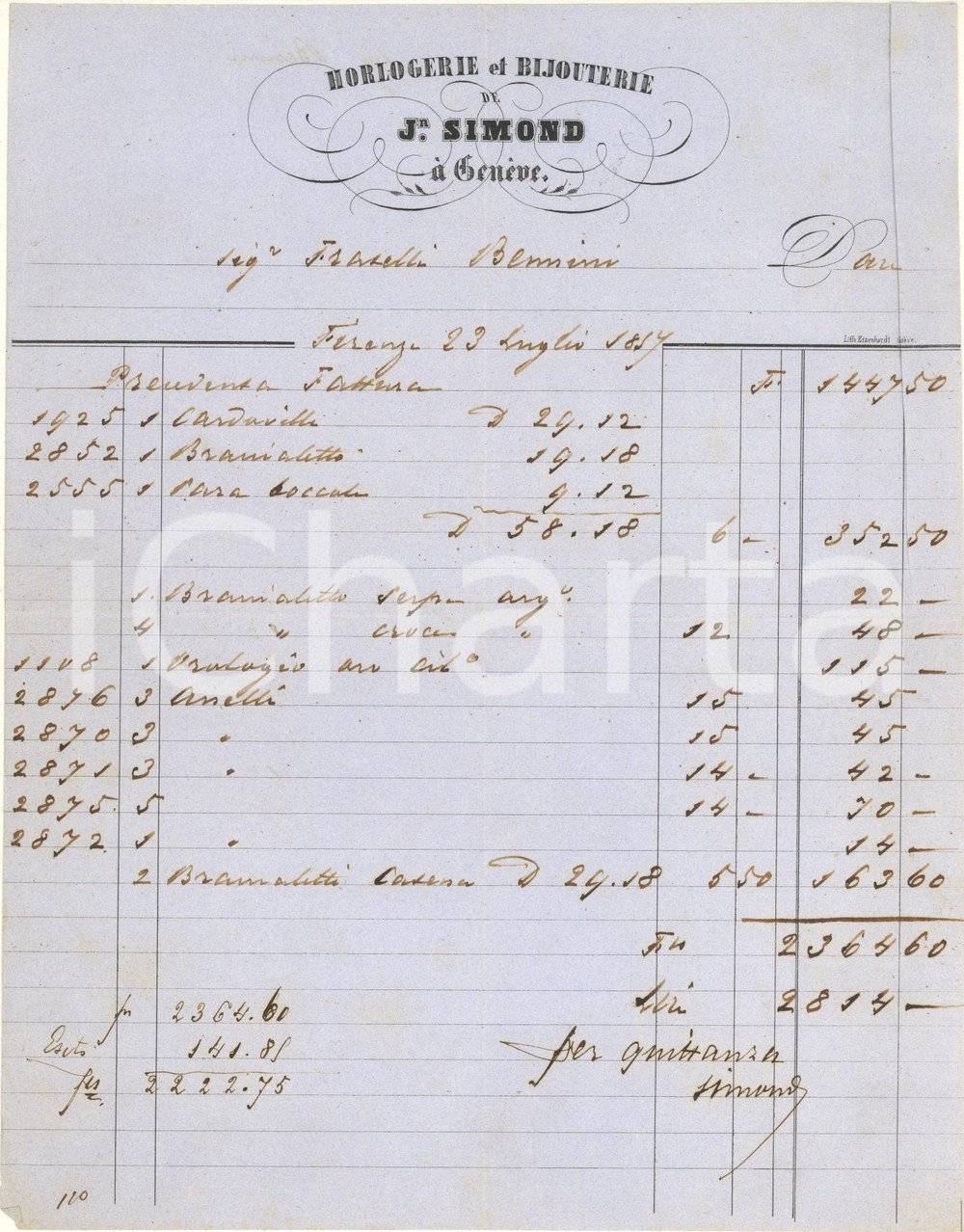 Documento originale, autentico 1857 FIRENZE  J. SIMOND Horlogerie et bijouterie à Genève Fattura 1