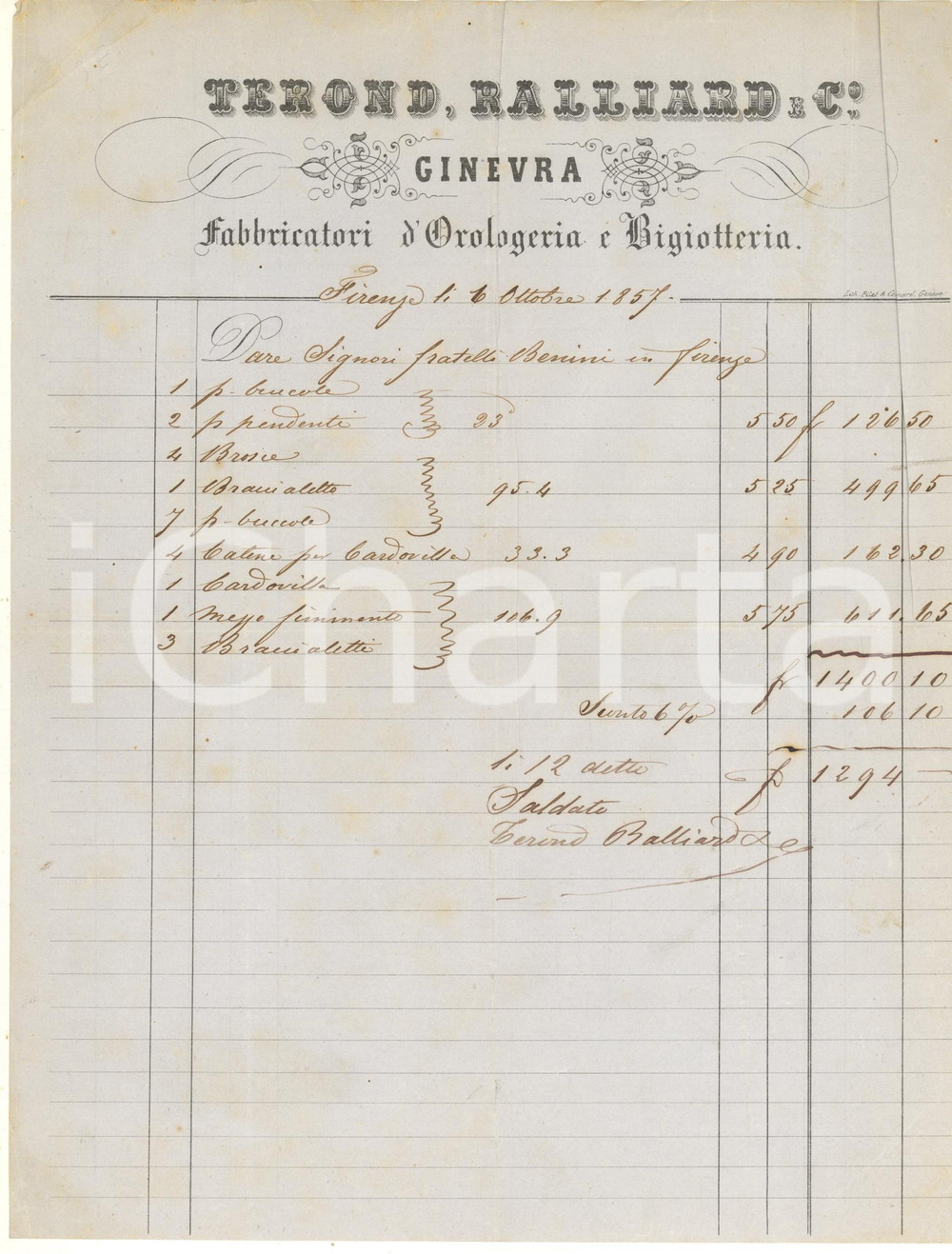 Documento originale, autentico 1857 FIRENZE  TEROND, RALLAND e Co  GINEVRA Orologeria e bigiotteria Fattura 1