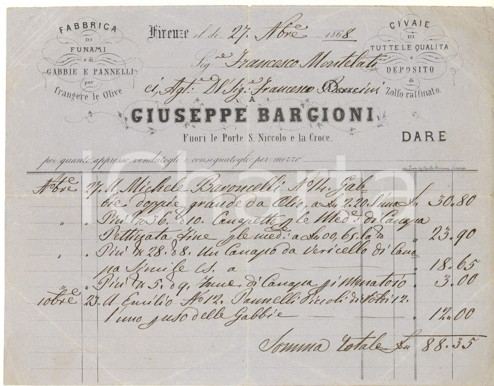 Documento originale, autentico 1868 FIRENZE Giuseppe BARGIONI Fabbrica funami e gabbie per olive Fattura 1