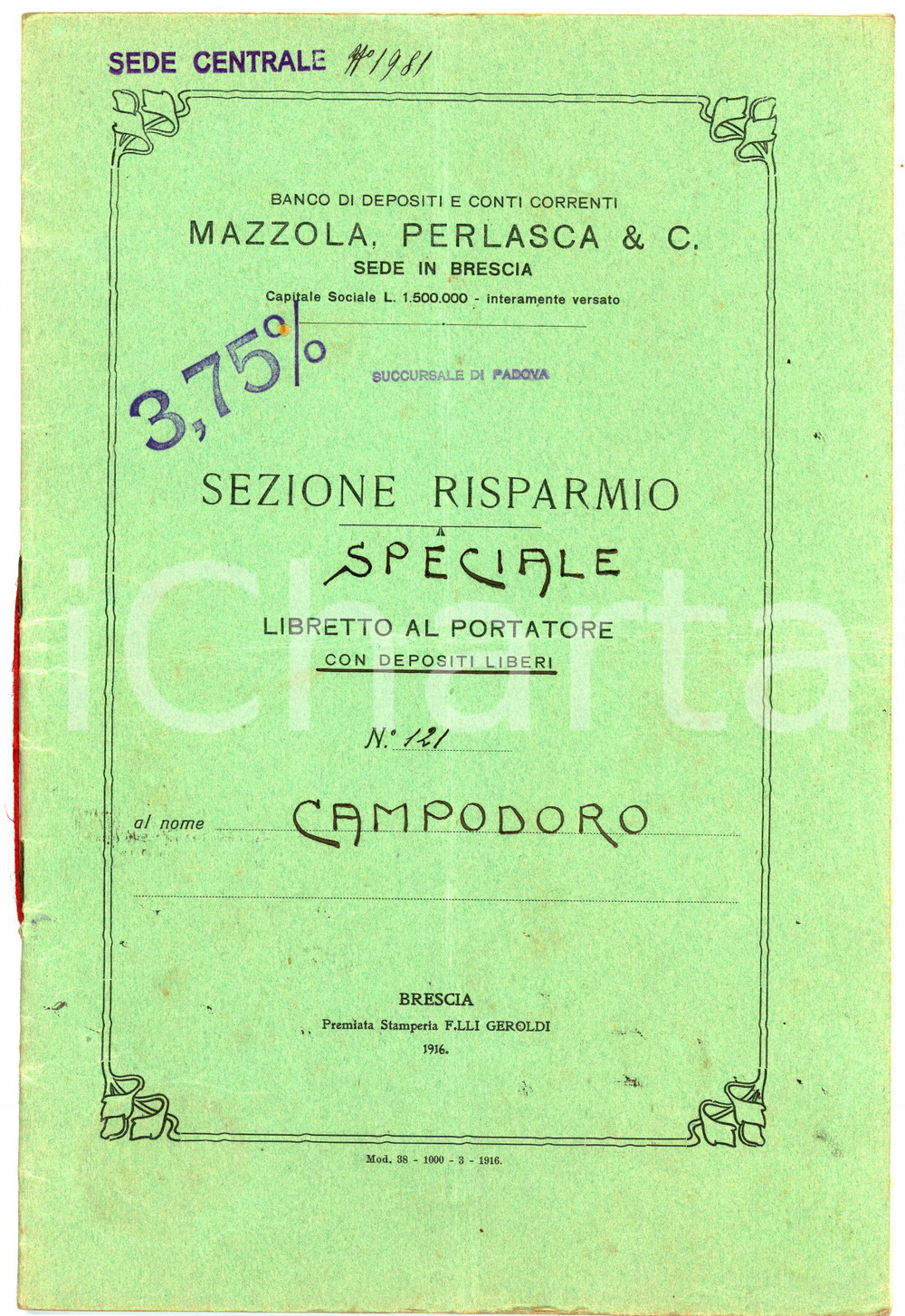 Oggetto da collezione cartaceo 1916 PADOVA Banco di depositi MAZZOLA E PERLASCA Libretto al portatore 19x29 cm 1