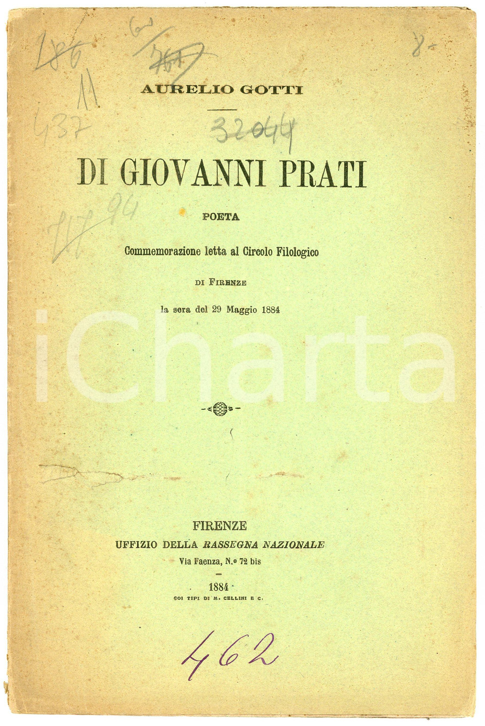 Libro, pubblicazione d epoca 1884 Aurelio GOTTI Di Giovanni Prati poeta  Circolo filologico di Firenze 1