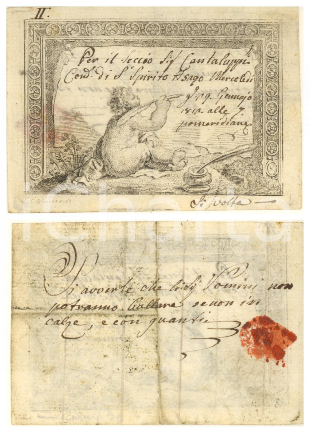 Oggetto da collezione cartaceo 1812 MILANO Contrada S. SPIRITO 5290 Invito uomo per ballo con calze RARO 4 1