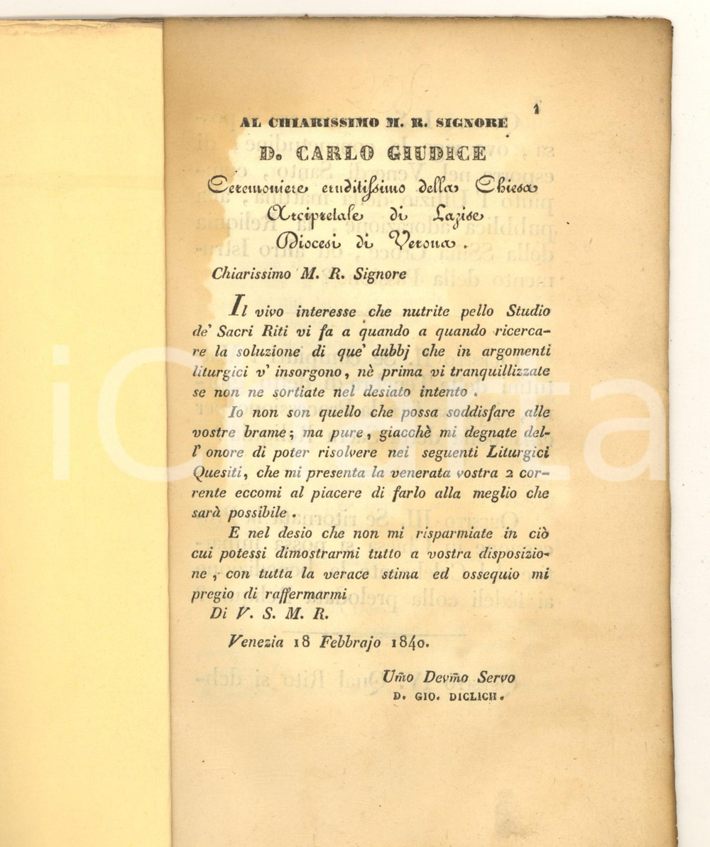 Libro, pubblicazione d epoca 1840 LAZISE Don Giovanni DICLICH  Liturgici quesiti Libretto RARO DANNEGGIATA 1