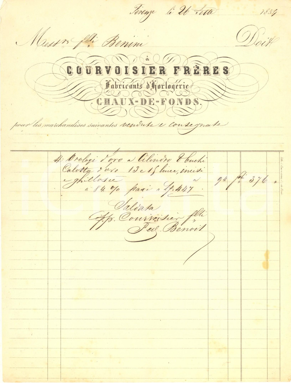 Documento originale, autentico 1854 FIRENZE  CORVOISIER Frères Fabricants horlogerie CHAUXDEFONDS Fattura 1