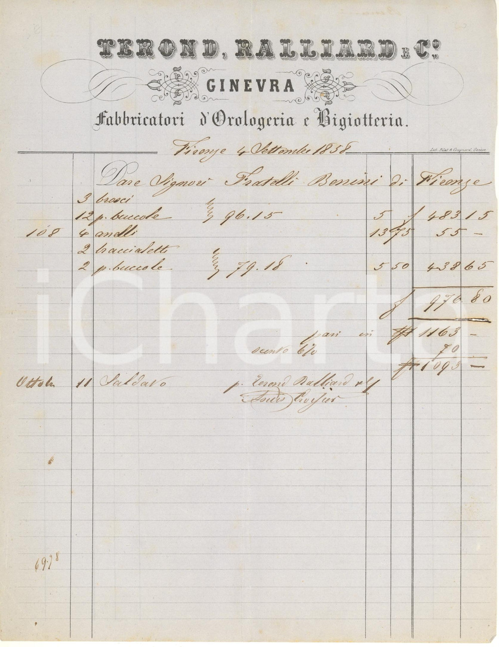 Documento originale, autentico 1858 FIRENZE  TEROND, RALLAND e Co  GINEVRA Orologeria e bigiotteria Fattura 1