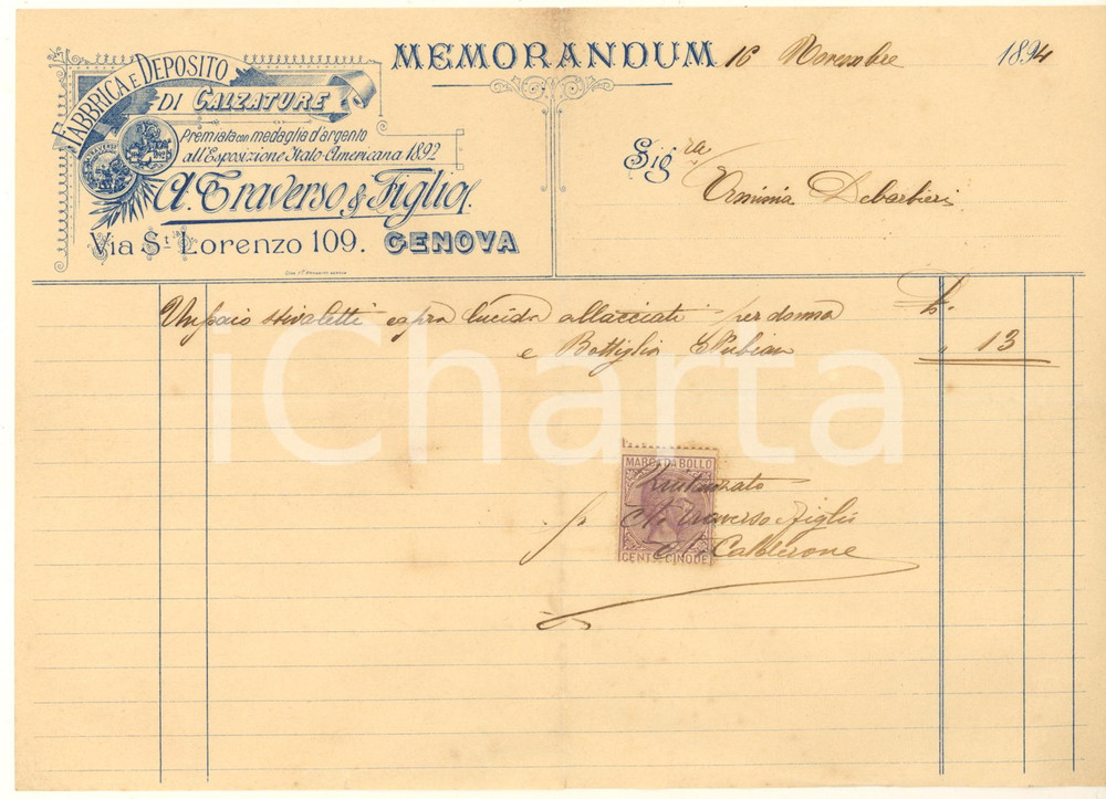 Documento originale, autentico 1894 GENOVA Via S. Lorenzo 109  A. TRAVERSO Fabbrica calzature Memorandum 1