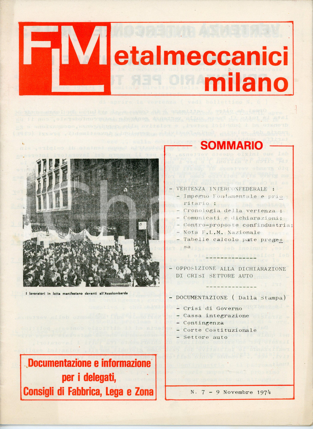 Giornale, rivista storica Novembre 1974 FLM Metalmeccanici Milano n.7 Documentazione consigli di fabbrica 1