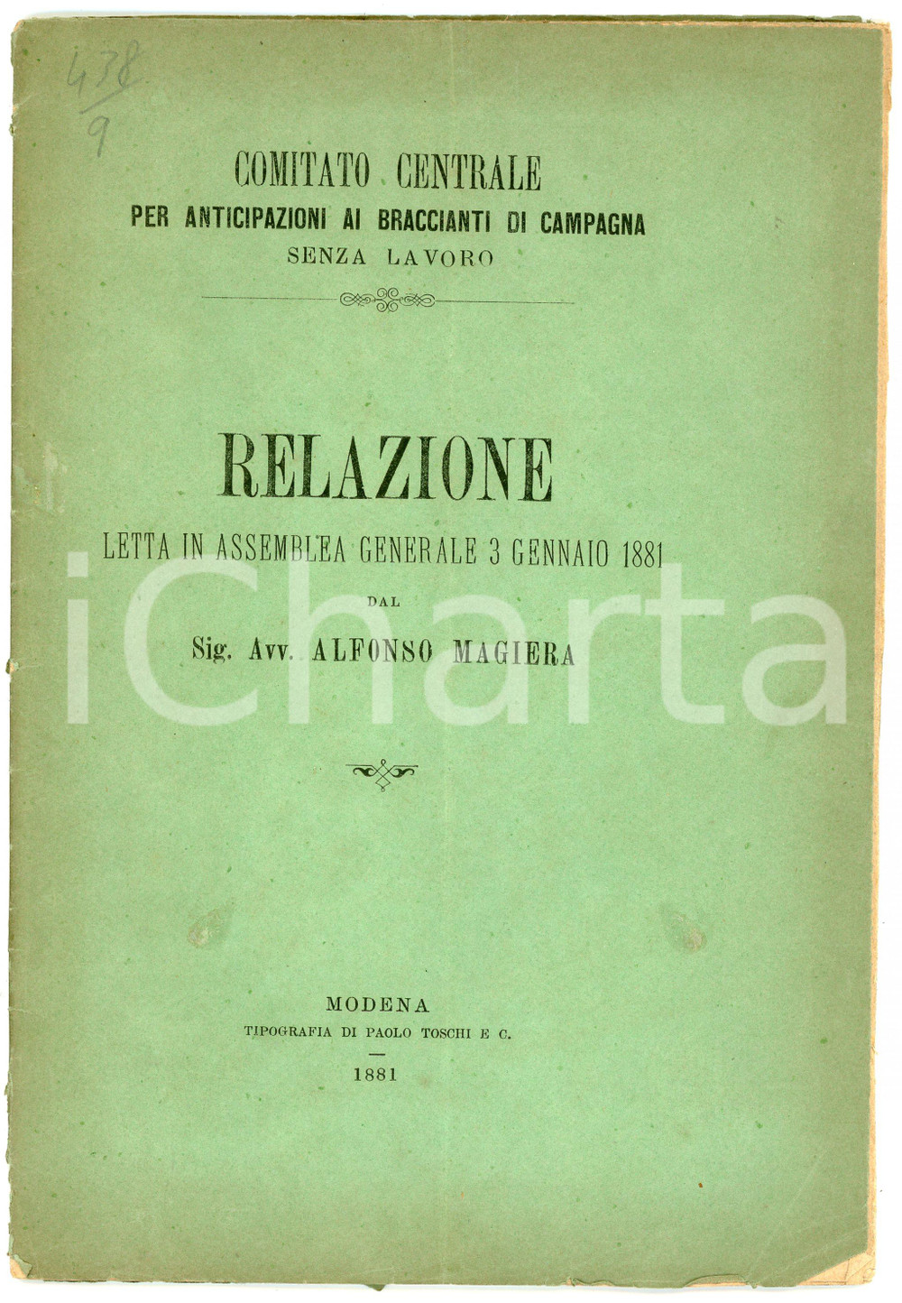 Libro, pubblicazione d epoca 1881 Alfonso MAGIERA Relazione comitato braccianti di campagna senza lavoro 1