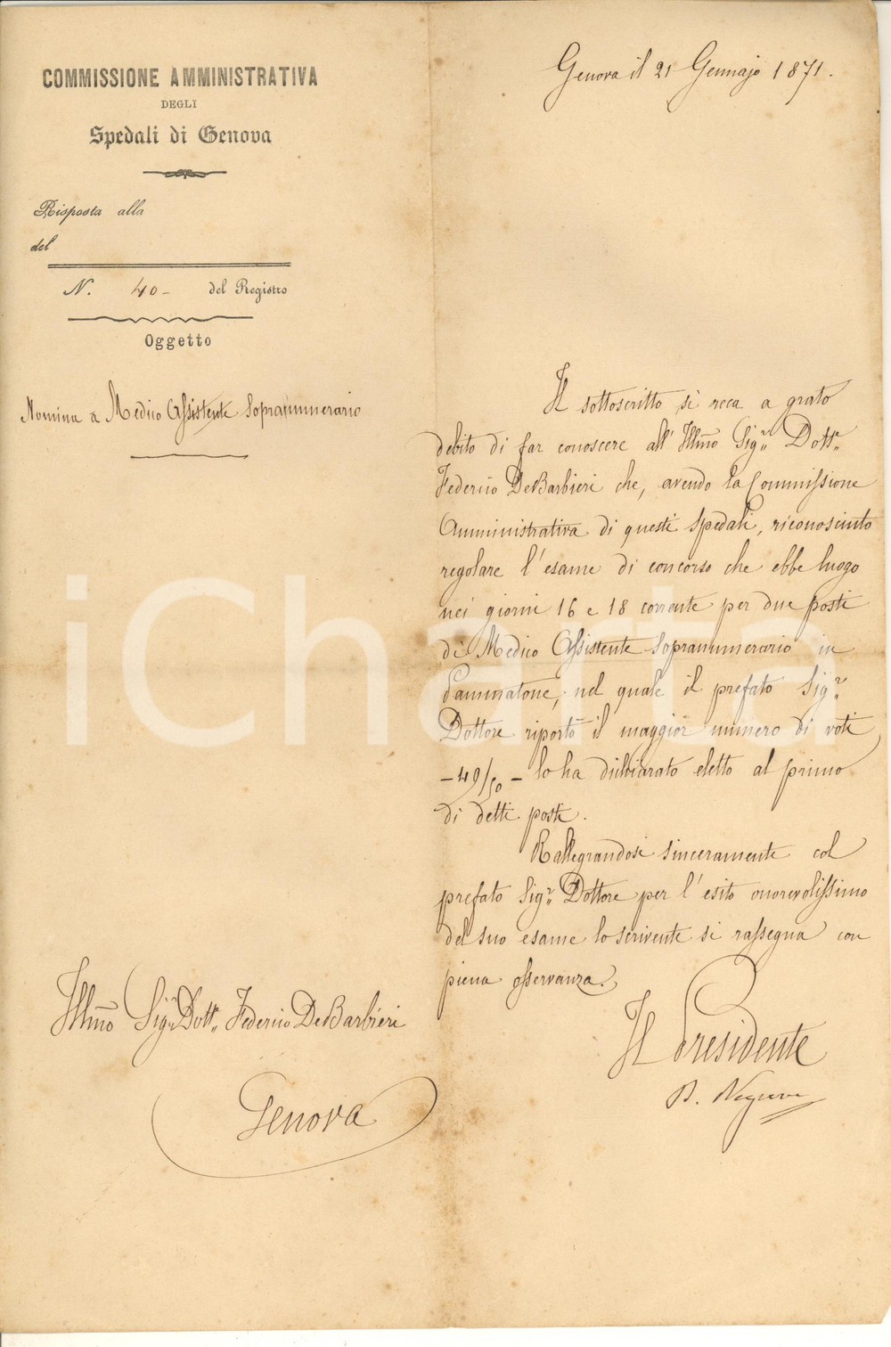 Documento originale, autentico 1871 SPEDALI DI GENOVA Nomina medico DE BARBIERI Autografo B. NEGRONE 1