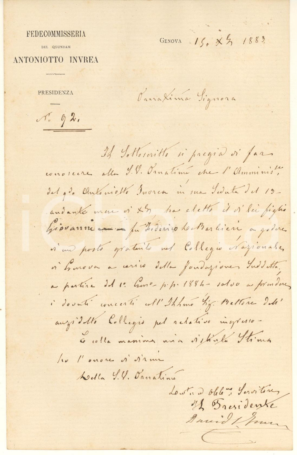 Documento originale, autentico 1882 GENOVA Lettera marchese David INVREA per borsa di studio Autografo 1