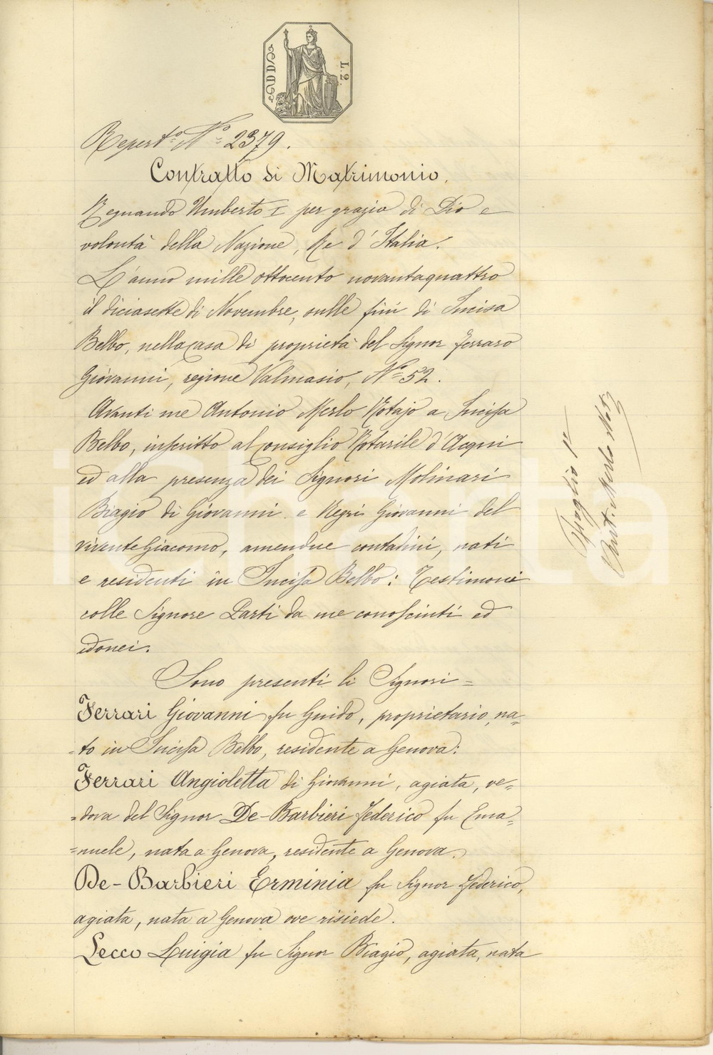 Documento originale, autentico 1894 INCISA SCAPACCINO Contratto matrimonio Erminia DE BARBIERI/ Adolfo VEGGI 1