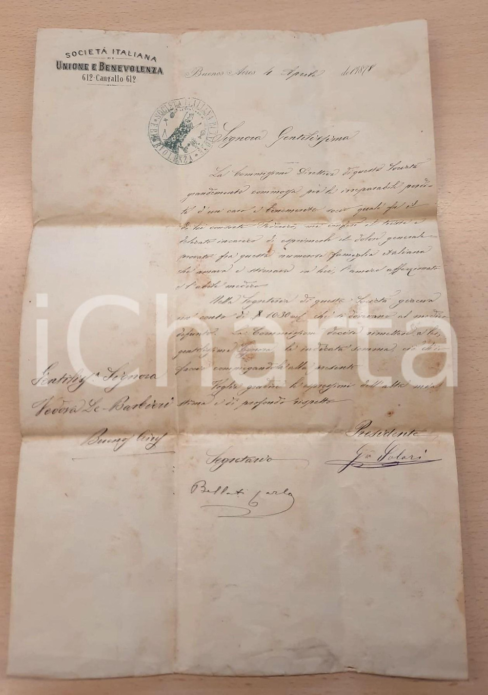 Documento originale, autentico 1878 BUENOS AIRES Società Italiana Unione e Benevolenza  Lettera a una vedova 1